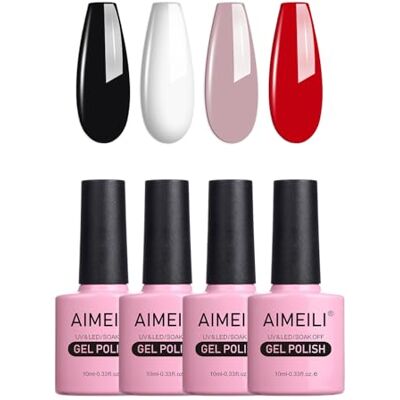 AIMEILI Soak Off, UV, led, zwart, wit, naakt, rood, semipermanente gelnagellak kleurenmix/multi-kleurige set van 4 x 10 ml (KIT4-19) AIMEILI Soak Off, UV, led, zwart, wit, naakt, rood, semipermanente gelnagellak kleurenmix/multi-kleurige set van 4 x 10 ml (KIT4-19)
