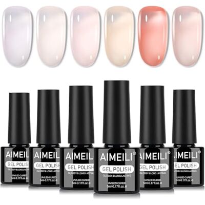 AIMEILI Gelnagellak, 6 kleuren, transparant, roze, nude, gelei, semi-permanent, soak-off, UV, LED, manicure, nail art, langdurig, 5 ml, set 85 AIMEILI Gelnagellak, 6 kleuren, transparant, roze, nude, gelei, semi-permanent, soak-off, UV, LED, manicure, nail art, langdurig, 5 ml, set 85