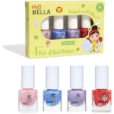 MISS NELLA Safari Collection glitter nagellak voor kinderen, set van 4 glitternagellakken: roze, rood, paars en blauw, peel off nagellak voor peuters MISS NELLA Safari Collection glitter nagellak voor kinderen, set van 4 glitternagellakken: roze, rood, paars en blauw, peel off nagellak voor peuters