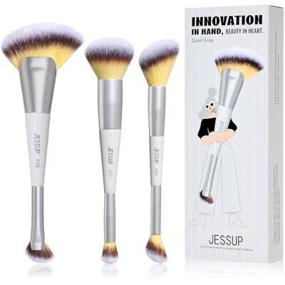 Jessup Make-upkwasten voor gezicht, dubbele punt, set van 3 make-upkwasten voor foundation, contour, blozen, highlighter en concealer, veganistisch, stil, grijs, T521 Jessup Make-upkwasten voor gezicht, dubbele punt, set van 3 make-upkwasten voor foundation, contour, blozen, highlighter en concealer, veganistisch, stil, grijs, T521