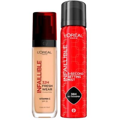 L'Oreal Paris L'Oréal Paris Infaillible Vloeibare Foundation 32H Fresh Wear SPF 25 Waterproof Vitamine C Kleur 220 zand + Fixeerspray 3-Second Setting Mist 75 ml L'Oreal Paris L'Oréal Paris Infaillible Vloeibare Foundation 32H Fresh Wear SPF 25 Waterproof Vitamine C Kleur 220 zand + Fixeerspray 3-Second Setting Mist 75 ml