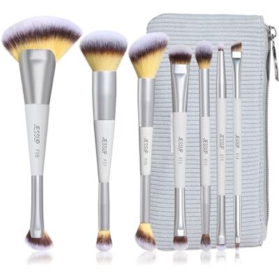 Jessup Make-upkwasten, dubbele punt, set met 7 make-upkwasten voor foundation, contour, blozen, highlighter, wenkbrauwen en oogschaduw, met tas, stil, grijs, T520 Jessup Make-upkwasten, dubbele punt, set met 7 make-upkwasten voor foundation, contour, blozen, highlighter, wenkbrauwen en oogschaduw, met tas, stil, grijs, T520