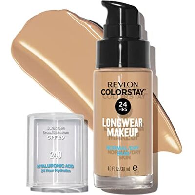 REVLON Foundation, ColorStay Long Tenue, normale tot droge huid, 24 uur grip + verzorging, formule verrijkt met hyaluronzuur, intensieve hydratatie, SPF 20 N°240 Medium Beige (30 ml) REVLON Foundation, ColorStay Long Tenue, normale tot droge huid, 24 uur grip + verzorging, formule verrijkt met hyaluronzuur, intensieve hydratatie, SPF 20 N°240 Medium Beige (30 ml)