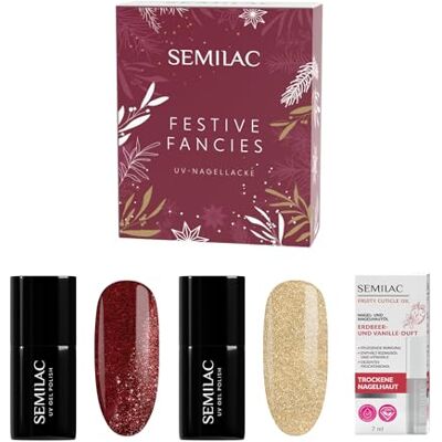 Semilac Festive Fancies UV-nagellakset 396 Flash Red & 037 Disco Gold UV-nagellak + verzorgingsolie aardbei vanille Semilac Festive Fancies UV-nagellakset 396 Flash Red & 037 Disco Gold UV-nagellak + verzorgingsolie aardbei vanille