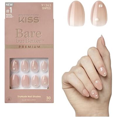 Kiss Bare-But-Better Premium press-on nagels, "Slay" nude, korte amandeldoodskistvorm met strass, 30 kunstnagels om op te plakken, 2 g nagellijm, 1 manicurestick, 1 mini Kiss Bare-But-Better Premium press-on nagels, "Slay" nude, korte amandeldoodskistvorm met strass, 30 kunstnagels om op te plakken, 2 g nagellijm, 1 manicurestick, 1 mini