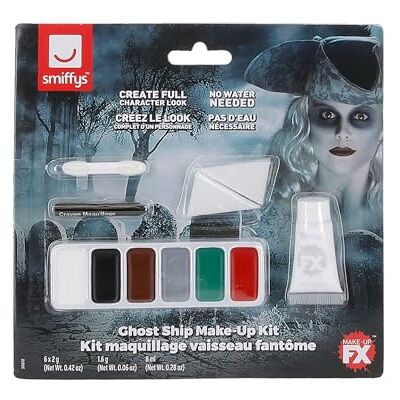 Smiffys Make-upset voor spookschip, groen, wit, bruin, grijs en rood, zwart potlood, applicator en 2 Halloween-sponzen Smiffys Make-upset voor spookschip, groen, wit, bruin, grijs en rood, zwart potlood, applicator en 2 Halloween-sponzen