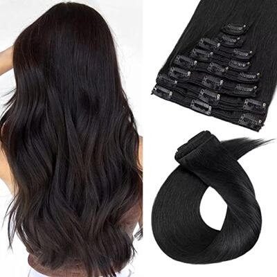 TESS Extensions van echt haar, clip, in gunstige haarverlenging, dubbele lokken voor complete haarextensies, 8 delen, 18 clips, glad, 7A dikke haarstukjes (30 cm 110 g, 1 zwart) TESS Extensions van echt haar, clip, in gunstige haarverlenging, dubbele lokken voor complete haarextensies, 8 delen, 18 clips, glad, 7A dikke haarstukjes (30 cm 110 g, 1 zwart)