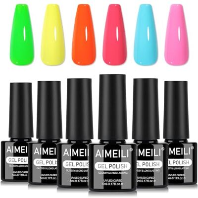 AIMEILI Gelnagellak, 6 kleuren, neon, lente, zomer, semi-permanent, soak-off, UV, LED, manicure, nail art, langdurig, 5 ml, set 91 AIMEILI Gelnagellak, 6 kleuren, neon, lente, zomer, semi-permanent, soak-off, UV, LED, manicure, nail art, langdurig, 5 ml, set 91