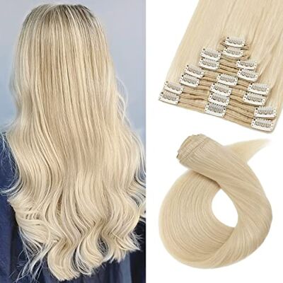 TESS Clip-in extensions van echt haar, haarstukjes, gunstig haarverlenging, dubbele strengen voor volledige haarextensies, 8 delen, 18 clips, glad, 7A dik haar (55 cm 160 g, 60 witblond) TESS Clip-in extensions van echt haar, haarstukjes, gunstig haarverlenging, dubbele strengen voor volledige haarextensies, 8 delen, 18 clips, glad, 7A dik haar (55 cm 160 g, 60 witblond)