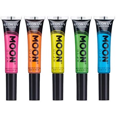 Moon Glow Neon UV-mascara, heldere neonkleur, gloeit onder UV-verlichting, neonmake-up, oranje, blauw, groen, roze, 15 ml (verpakking van 5 stuks) Moon Glow Neon UV-mascara, heldere neonkleur, gloeit onder UV-verlichting, neonmake-up, oranje, blauw, groen, roze, 15 ml (verpakking van 5 stuks)