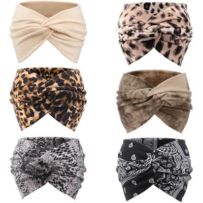 DRESHOW 6 stuks brede haarbanden voor vrouwen, tulband, boho, elastische haarbanden, haaraccessoires met gedraaide knopen DRESHOW 6 stuks brede haarbanden voor vrouwen, tulband, boho, elastische haarbanden, haaraccessoires met gedraaide knopen