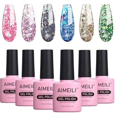 AIMEILI 6 stuks 10 ml gelnagellak, semi-permanent, glitter, set nagellak, gel, UV, LED, soak off, manicure, salon, lange duur, nagellak, set 10 AIMEILI 6 stuks 10 ml gelnagellak, semi-permanent, glitter, set nagellak, gel, UV, LED, soak off, manicure, salon, lange duur, nagellak, set 10
