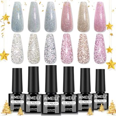 AIMEILI Gelnagellak, 6 kleuren, roze, glitter, glanzend, semi-permanent, soak-off, UV, LED, manicure, nail art, langdurig, 5 ml, set 108 AIMEILI Gelnagellak, 6 kleuren, roze, glitter, glanzend, semi-permanent, soak-off, UV, LED, manicure, nail art, langdurig, 5 ml, set 108