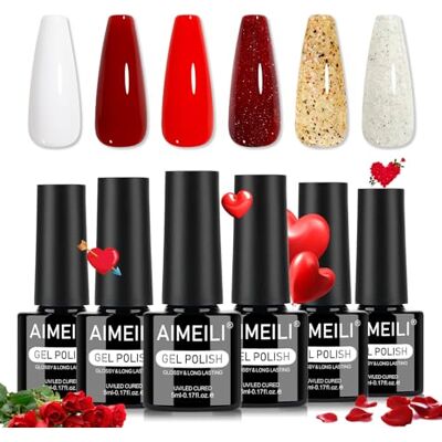 AIMEILI Gelnagellak, 6 kleuren, rood, wit, goud, zilver, glitter, semi-permanent, soak-off, UV, LED, manicure, nail art, langdurig, 5 ml, set 113 AIMEILI Gelnagellak, 6 kleuren, rood, wit, goud, zilver, glitter, semi-permanent, soak-off, UV, LED, manicure, nail art, langdurig, 5 ml, set 113