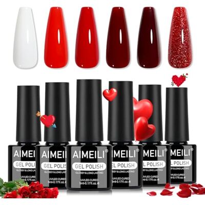 AIMEILI Gelnagellak, 6 kleuren, rood, wit, semi-permanent, soak-off, UV, LED, manicure, nail art, langdurig, 5 ml, set 114 AIMEILI Gelnagellak, 6 kleuren, rood, wit, semi-permanent, soak-off, UV, LED, manicure, nail art, langdurig, 5 ml, set 114