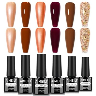 AIMEILI Gelnagellak, 6 kleuren, bruin, herfst, winter, semi-permanent, soak-off, UV, LED, manicure, nail art, langdurig, 5 ml, set 99 AIMEILI Gelnagellak, 6 kleuren, bruin, herfst, winter, semi-permanent, soak-off, UV, LED, manicure, nail art, langdurig, 5 ml, set 99