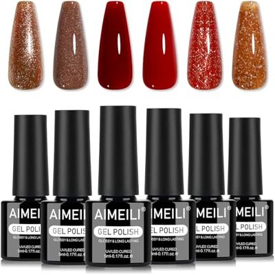 AIMEILI Gelnagellak, 6 kleuren, bruin, rood, glitter, semi-permanent, soak-off, UV, LED, manicure, nail art, langdurig, 5 ml, set 110 AIMEILI Gelnagellak, 6 kleuren, bruin, rood, glitter, semi-permanent, soak-off, UV, LED, manicure, nail art, langdurig, 5 ml, set 110