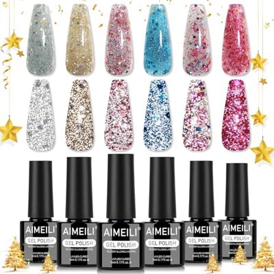 AIMEILI Gelnagellak, 6 kleuren, glitter, roségoud, zilver, semi-permanent, soak-off, UV, LED, manicure, nail art, langdurig, 5 ml, set 109 AIMEILI Gelnagellak, 6 kleuren, glitter, roségoud, zilver, semi-permanent, soak-off, UV, LED, manicure, nail art, langdurig, 5 ml, set 109
