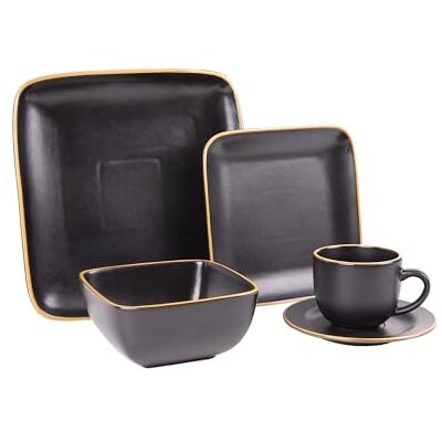 Cofan Tafelservies van keramiek, vierkant, zwart, 20-delig, servies met vintage rand, vaatwasmachinebestendig, magnetron- en ovenbestendig Cofan Tafelservies van keramiek, vierkant, zwart, 20-delig, servies met vintage rand, vaatwasmachinebestendig, magnetron- en ovenbestendig