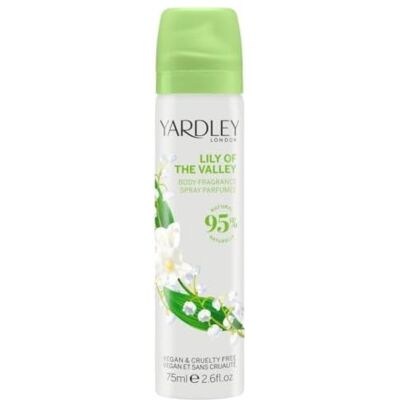Yardley Lily of The Valley Deodorant Spray voor dames, 75 ml Bloemenmist met noten van pear en fresia, delicate lelie parfum, 95% natuurlijk, veganistisch en dierproefvrij, UK gemaakt Yardley Lily of The Valley Deodorant Spray voor dames, 75 ml Bloemenmist met noten van pear en fresia, delicate lelie parfum, 95% natuurlijk, veganistisch en dierproefvrij, UK gemaakt