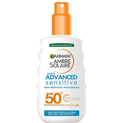 Garnier Ambre Solaire Spray de protection Advanced Sensitive, Visage et Corps, avec protection très élevée SPF 50+, Formule hypoallergénique résistante à l'eau, au sel et au chlore, 200 ml Garnier Ambre Solaire Spray de protection Advanced Sensitive, Visage et Corps, avec protection très élevée SPF 50+, Formule hypoallergénique résistante à l'eau, au sel et au chlore, 200 ml