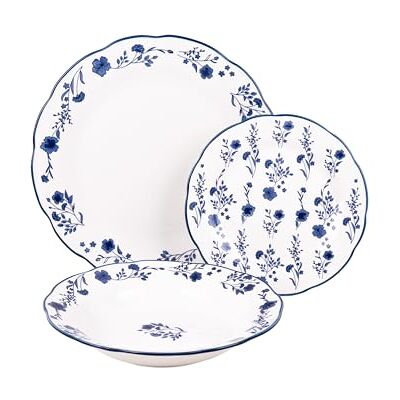 Cofan 18-delig geglazuurd porseleinen tafelservies, blauw en wit bloemenpatroon, vaatwasmachinebestendig, magnetron- en ovenbestendig Cofan 18-delig geglazuurd porseleinen tafelservies, blauw en wit bloemenpatroon, vaatwasmachinebestendig, magnetron- en ovenbestendig