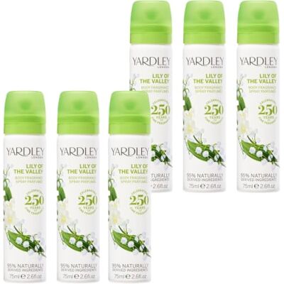 Yardley London Lily of the Valley Body Spray, Floral Mist, 6 x 75 ml Floral Body Mist met noten van pear en fresia, delicate vrouwelijke geur, 95% natuurlijk, veganistisch, dierproefvrij Yardley London Lily of the Valley Body Spray, Floral Mist, 6 x 75 ml Floral Body Mist met noten van pear en fresia, delicate vrouwelijke geur, 95% natuurlijk, veganistisch, dierproefvrij