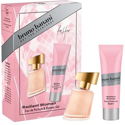 Bruno Banani Radiant Woman Cadeauset met eau de parfum en douchegel bloemige amber geur voor dames, 30 ml en 50 ml Bruno Banani Radiant Woman Cadeauset met eau de parfum en douchegel bloemige amber geur voor dames, 30 ml en 50 ml