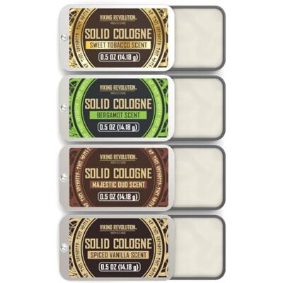 Viking Eau de Cologne voor heren – solide geur voor heren met kruidige vanille, zachte tabak, majestueuze oud, bergamot – cadeau voor heren – 4 stuks x 14 g Viking Eau de Cologne voor heren – solide geur voor heren met kruidige vanille, zachte tabak, majestueuze oud, bergamot – cadeau voor heren – 4 stuks x 14 g