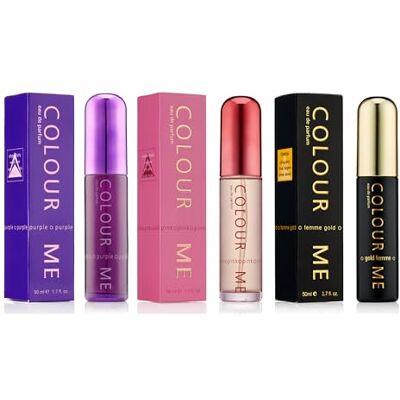 Colour Me Roze/paars/goud voor dames, drievoudige verpakking, geur voor vrouwen, 3 x 50 ml eau de parfum, by Milton-Lloyd Colour Me Roze/paars/goud voor dames, drievoudige verpakking, geur voor vrouwen, 3 x 50 ml eau de parfum, by Milton-Lloyd