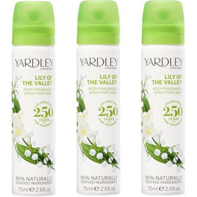 Yardley Londen Lily of the Valley Body Spray, Floral Mist, 3 x 75 ml Floral Body Mist met noten van peer en fresia, delicate vrouwelijke geur, 95% natuurlijk, veganistisch, dierproefvrij Yardley Londen Lily of the Valley Body Spray, Floral Mist, 3 x 75 ml Floral Body Mist met noten van peer en fresia, delicate vrouwelijke geur, 95% natuurlijk, veganistisch, dierproefvrij