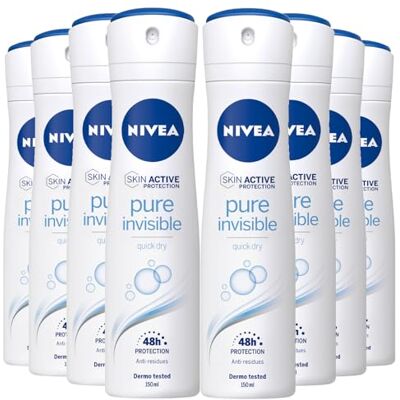 NIVEA Pure Invisible Original deodorantspray, anti-transpirant, 48 uur, bescherming voor de frisse en vrije huid, laat geen resten achter 8 flessen van 150 ml NIVEA Pure Invisible Original deodorantspray, anti-transpirant, 48 uur, bescherming voor de frisse en vrije huid, laat geen resten achter 8 flessen van 150 ml