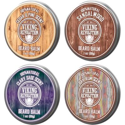 Viking Baardbalsem voor heren Set van 4 x 28 g Geuren Salie, Sandelhout, Bay Rum, Ceder & Pine Kap, Versterking & Verzacht Baard & Snorren Cadeau voor Mannen Viking Baardbalsem voor heren Set van 4 x 28 g Geuren Salie, Sandelhout, Bay Rum, Ceder & Pine Kap, Versterking & Verzacht Baard & Snorren Cadeau voor Mannen