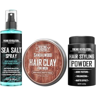 Viking Zeezout spray voor haar mannen (237 ml), matte sandelhout haarklei (56 g) en haarstylingpoeder voor mannen (28 g) mannen haarstyling kit het ultieme trio voor textuur, volume en Viking Zeezout spray voor haar mannen (237 ml), matte sandelhout haarklei (56 g) en haarstylingpoeder voor mannen (28 g) mannen haarstyling kit het ultieme trio voor textuur, volume en