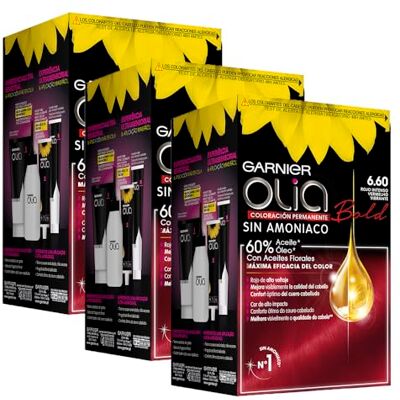 Garnier Olia 3 stuks permanente kleuring zonder ammoniak voor een aangename geur met bloemenoliën van natuurlijke oorsprong, kleur 6,60 Bold intens rood Garnier Olia 3 stuks permanente kleuring zonder ammoniak voor een aangename geur met bloemenoliën van natuurlijke oorsprong, kleur 6,60 Bold intens rood