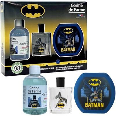 Corine de Farme Batman set met eau de toilette 50 ml, schuimbad 300 ml en broodtrommel cadeau voor jongens parfum voor kinderen met bloemenmuskus geur fruitige gel 3-in-1 Corine de Farme Batman set met eau de toilette 50 ml, schuimbad 300 ml en broodtrommel cadeau voor jongens parfum voor kinderen met bloemenmuskus geur fruitige gel 3-in-1