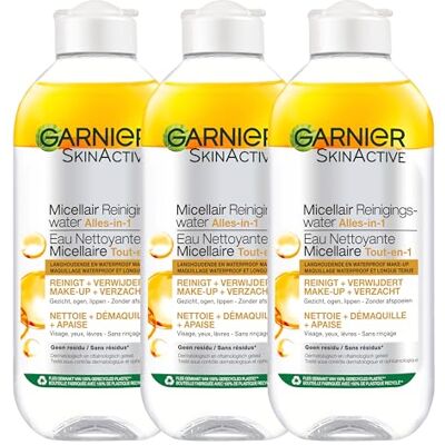 Garnier Skin Active Micellair Reinigingswater voor make-up, langdurig, waterdicht, 3 x 400 ml, micelair water, voordeelverpakking Garnier Skin Active Micellair Reinigingswater voor make-up, langdurig, waterdicht, 3 x 400 ml, micelair water, voordeelverpakking