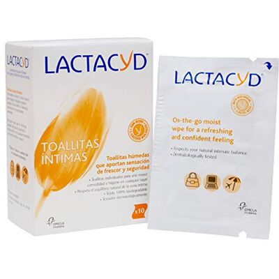 Lactacyd Vochtige doekjes intieme hygiëne zorgt voor een fris en veilig gevoel, 100% biologisch afbreekbaar met natuurlijk melkzuur, 10 afzonderlijke doekjes Lactacyd Vochtige doekjes intieme hygiëne zorgt voor een fris en veilig gevoel, 100% biologisch afbreekbaar met natuurlijk melkzuur, 10 afzonderlijke doekjes