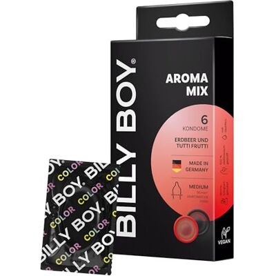 Billy Boy Aroma Mix 6 condooms 56 mm fruitig en breder gearomatiseerd (1 x 6 stuks) Billy Boy Aroma Mix 6 condooms 56 mm fruitig en breder gearomatiseerd (1 x 6 stuks)
