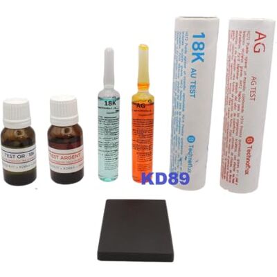 KD89 Set voor het testen van metalen – test op 18K goud en zilver – ampul met 15 ml 18 K + ampul van 15 ml zilver – codigoutte flessen 15 ml + toetssteen, glas, goud/zilver KD89 Set voor het testen van metalen – test op 18K goud en zilver – ampul met 15 ml 18 K + ampul van 15 ml zilver – codigoutte flessen 15 ml + toetssteen, glas, goud/zilver