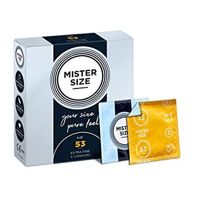 MISTER SIZE Ultradunne condooms (zeer fijn en extra gesmeerd) / condooms voor mannen in hun maat 53 mm, 3 stuks, massief rubberen condooms van natuurlijk rubber latex MISTER SIZE Ultradunne condooms (zeer fijn en extra gesmeerd) / condooms voor mannen in hun maat 53 mm, 3 stuks, massief rubberen condooms van natuurlijk rubber latex