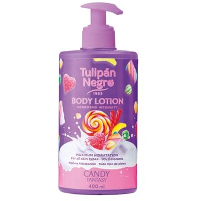 TULIPAN NEGRO Zwarte tulp bodylotion met Candy Fantasy doseerder, maximale hydratatie 400 ml, intensief geparfumeerd en voor elk huidtype TULIPAN NEGRO Zwarte tulp bodylotion met Candy Fantasy doseerder, maximale hydratatie 400 ml, intensief geparfumeerd en voor elk huidtype