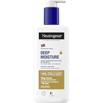 Neutrogena Deep Moisture Body Lotion met amandelolie, trekt onmiddellijk in voor 72 uur intensieve hydratatie, vetvrije huidverzorging met Pro-Ceramide-technologie voor de droge huid, 250 ml Neutrogena Deep Moisture Body Lotion met amandelolie, trekt onmiddellijk in voor 72 uur intensieve hydratatie, vetvrije huidverzorging met Pro-Ceramide-technologie voor de droge huid, 250 ml