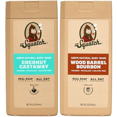 Dr. Squatch Natuurlijke douchegel voor mannen reinigende, voedende, langdurige geur, hydraterende bodywash voor mannen kokosnoot castaway & hout vat bourbon (14 oz, 2 stuks) Dr. Squatch Natuurlijke douchegel voor mannen reinigende, voedende, langdurige geur, hydraterende bodywash voor mannen kokosnoot castaway & hout vat bourbon (14 oz, 2 stuks)