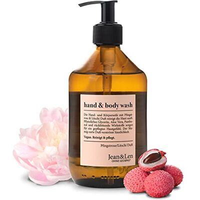 Jean & Len Hand & Body Wash Peony & Litchi Reinigt en verzorgt de huid tijdens het wassen, delicate bloemengeur, douchegel en zeep, vrij van parabenen, siliconen en microplastic, veganistisch, fles Jean & Len Hand & Body Wash Peony & Litchi Reinigt en verzorgt de huid tijdens het wassen, delicate bloemengeur, douchegel en zeep, vrij van parabenen, siliconen en microplastic, veganistisch, fles