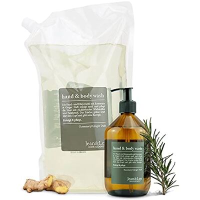 Jean & Len Rosemary en gember hand- en lichaamsreiniger, reinigt de huid, zonder parabenen, siliconen en microplastic, glazen fles van 500 ml en navulverpakking van 1,5 liter, praktische set Jean & Len Rosemary en gember hand- en lichaamsreiniger, reinigt de huid, zonder parabenen, siliconen en microplastic, glazen fles van 500 ml en navulverpakking van 1,5 liter, praktische set