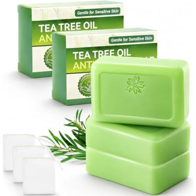 Hotcho Set van 3 theeboomoliezeep, reinigende gezichts- en lichaamsreiniger voor onzuivere huid, grondige reiniging, talgcontrole, verfrissende geur Hotcho Set van 3 theeboomoliezeep, reinigende gezichts- en lichaamsreiniger voor onzuivere huid, grondige reiniging, talgcontrole, verfrissende geur
