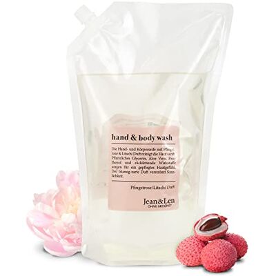 Jean & Len Hand- en lichaamsreiniger met pioenroos en lychee, reinigt en verzorgt de huid tijdens het wassen, delicate bloemengeur, vloeibare zeep als navulverpakking, zonder parabenen, siliconen Jean & Len Hand- en lichaamsreiniger met pioenroos en lychee, reinigt en verzorgt de huid tijdens het wassen, delicate bloemengeur, vloeibare zeep als navulverpakking, zonder parabenen, siliconen