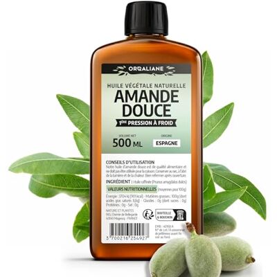 Orgaliane Zoete amandelolie – 500 ml – koude druk – 100% natuurlijk Orgaliane Zoete amandelolie – 500 ml – koude druk – 100% natuurlijk