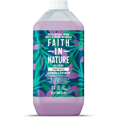 FAITH IN NATURE Vloeibare handzeep veganistisch en dierproefvrij, SLS en parabenen navulverpakking van 5 liter lavendel en geranium FAITH IN NATURE Vloeibare handzeep veganistisch en dierproefvrij, SLS en parabenen navulverpakking van 5 liter lavendel en geranium